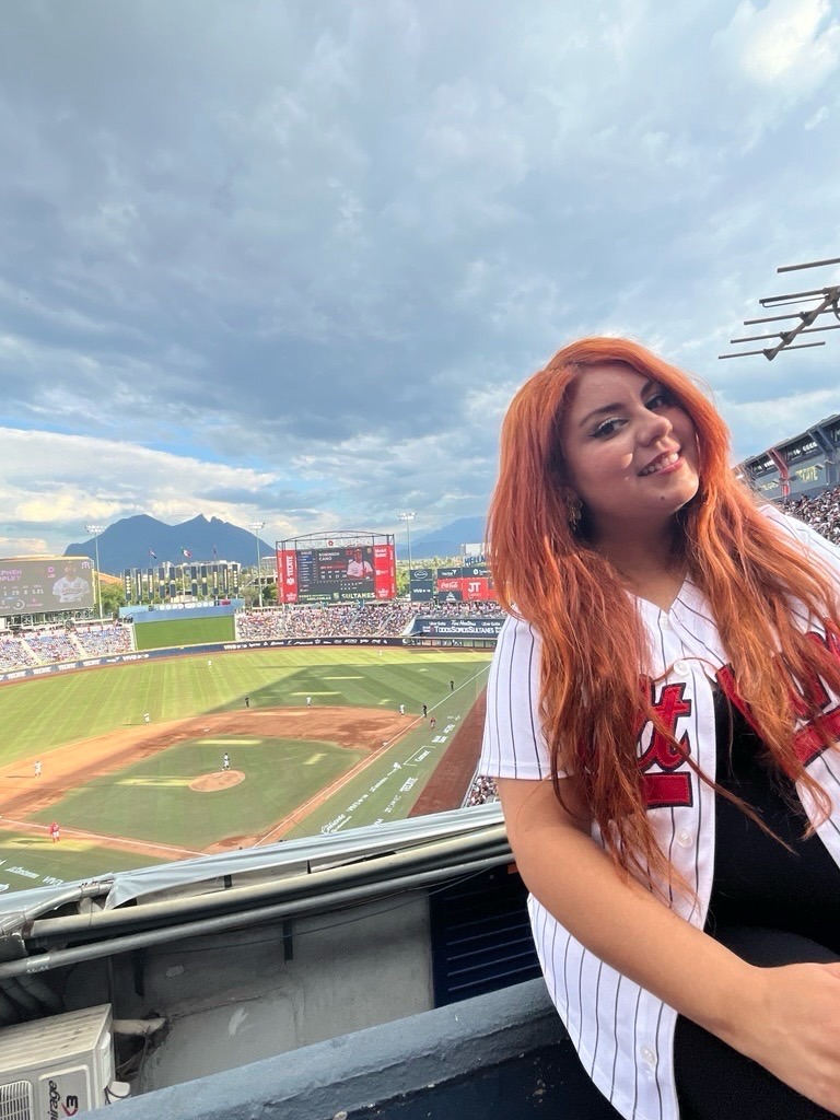 Mayra Balderas at the Sultanes de Monterrey Estadio Mobil Super baseball stadium.